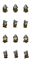 Character wearing Pointy Helmet, Wanderer's Cloak, Filthy Pants, Small Basic Bow, Front view